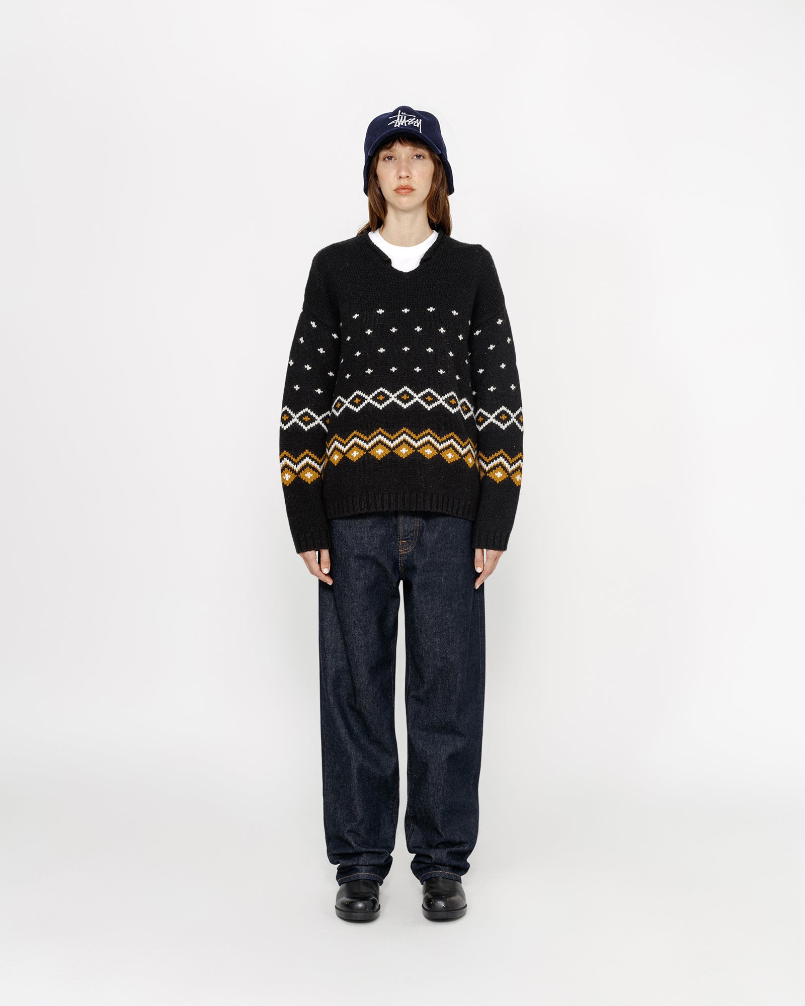Roll Neck Fairisle Sweater in charcoal Stussy
