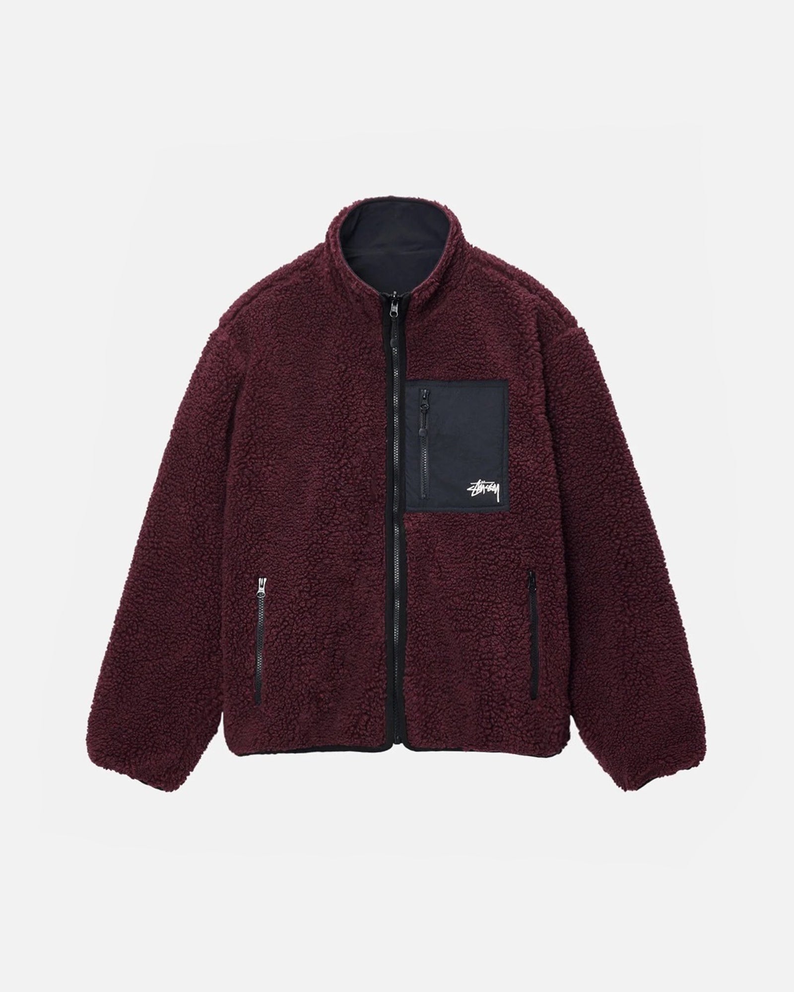 STÜSSY SHERPA REVERSIBLE JACKET BURGUNDY SWEATS | hero:main:collection:new-arrivals,outerwear,all