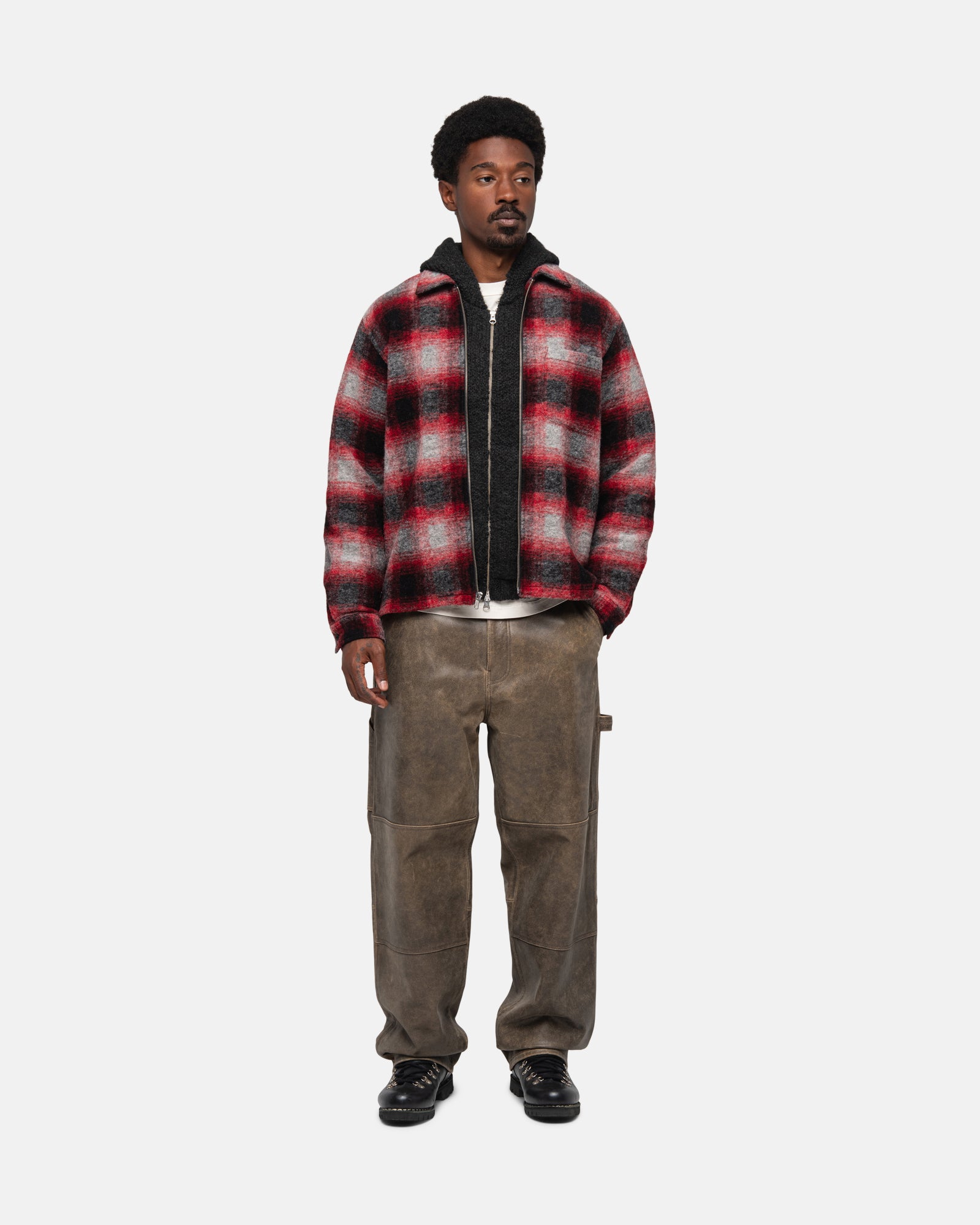 Brushed Wool Plaid Zip Shirt - Unisex Tops & Shirts | Stüssy