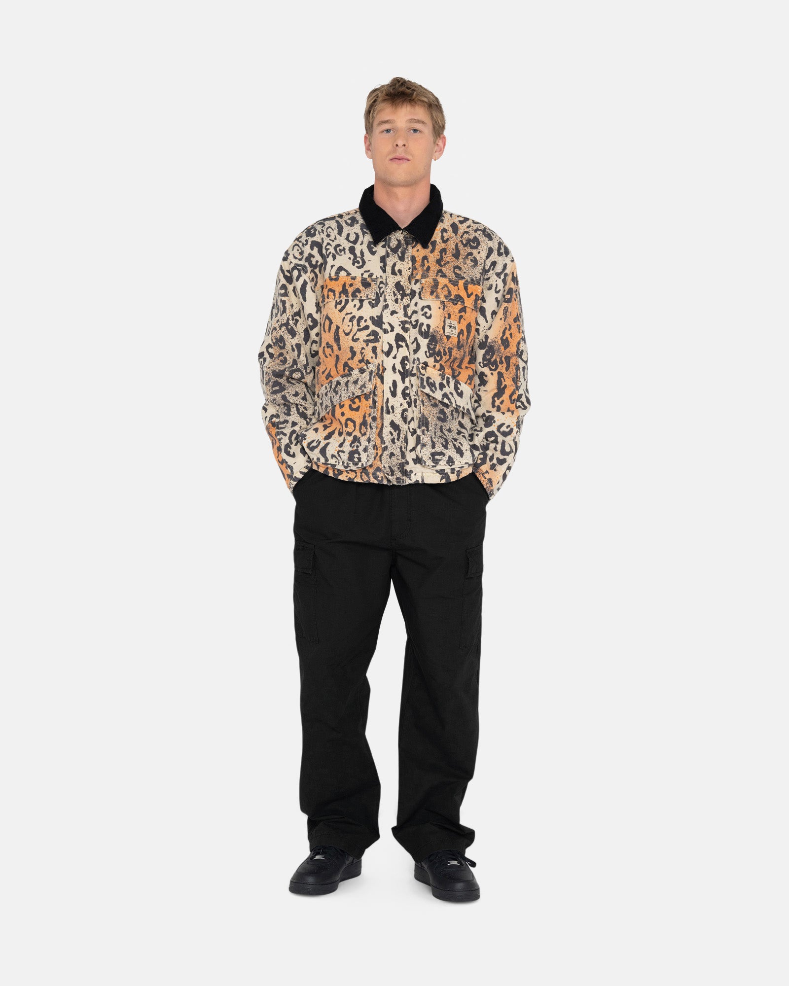 STUSSY Washed canvas shop jacket leopard