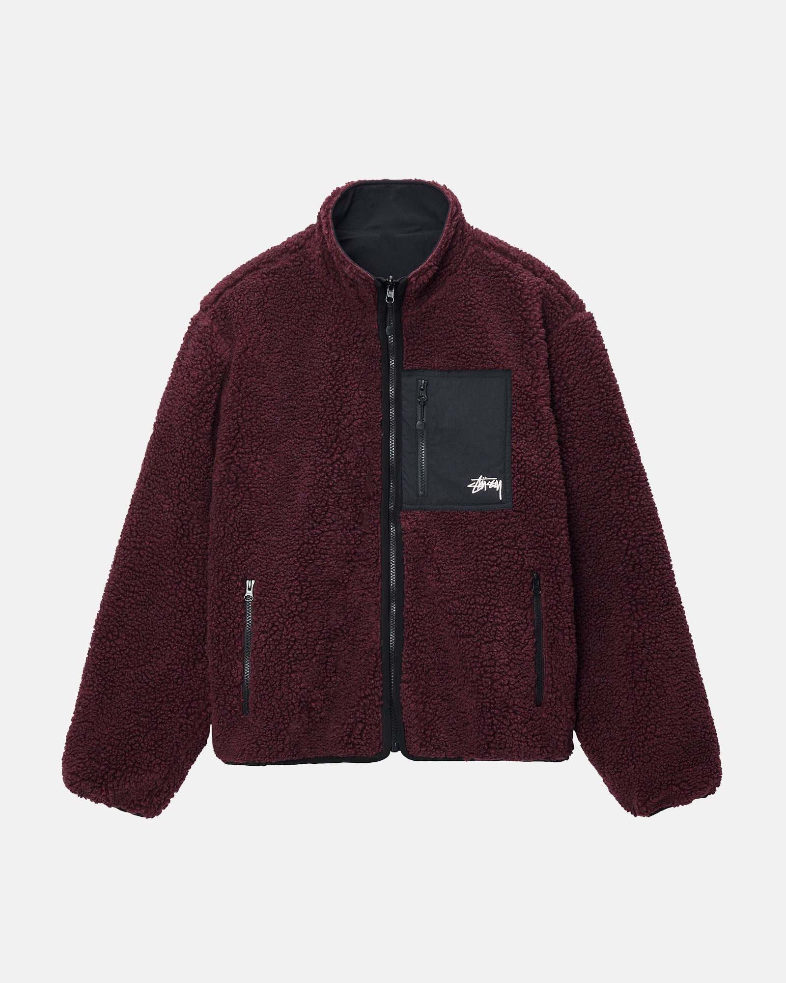 STÜSSY SHERPA REVERSIBLE JACKET BURGUNDY SWEATS | hero:main:collection:new-arrivals,outerwear,all